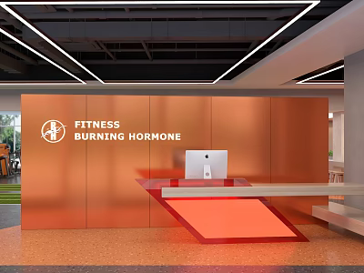 Modern Fitness Reception Desk With Orange Wall Neon Lighting And Computer Setup 3d model