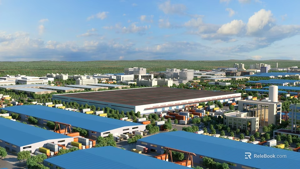 Large Scale Industrial Factory Complex With Surrounding Buildings And Green Landscape 3d model 