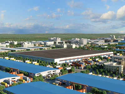Large Scale Industrial Factory Complex With Surrounding Buildings And Green Landscape 3d model