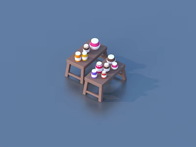 Colorful Dessert Cups And Jars Arranged On Small Wooden Stools 3d model
