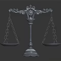 Ornamental metal balance scale with decorative base trays and chains