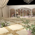 Elegant Romantic Photo Spot With White Curtains Chandelier Arches Colorful Flowers And Patterned Floor Tiles