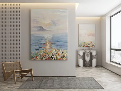 Modern Interior With Large Seascape Painting Wooden Chair Rug And Side Cabinet 3d model