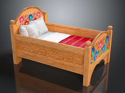 Wooden Kids Bed With Carved Headboard Footboard Colorful Floral Embroidery White Pillow And Red Bedding 3d model