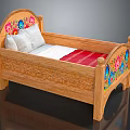 Wooden Kids Bed With Carved Headboard Footboard Colorful Floral Embroidery White Pillow And Red Bedding