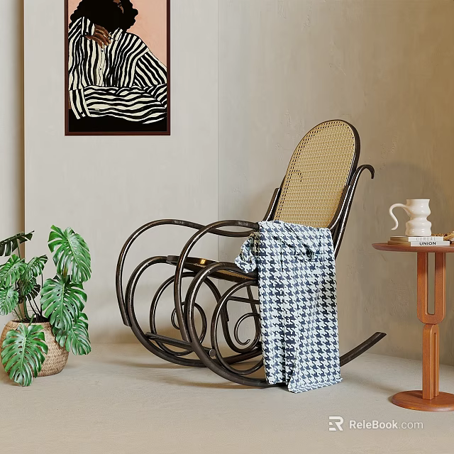 Cane Rocking Chair With Black Frame Checkered Blanket Side Table Plant And Zebra Print Painting 3d model 