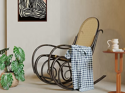 Cane Rocking Chair With Black Frame Checkered Blanket Side Table Plant And Zebra Print Painting 3d model