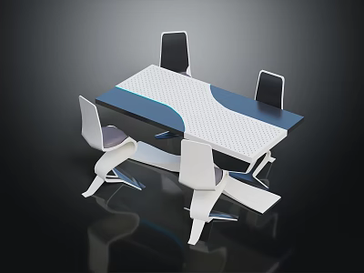 Modern Contemporary Dining Table With White Blue Geometric Pattern And Four Chairs 3d model