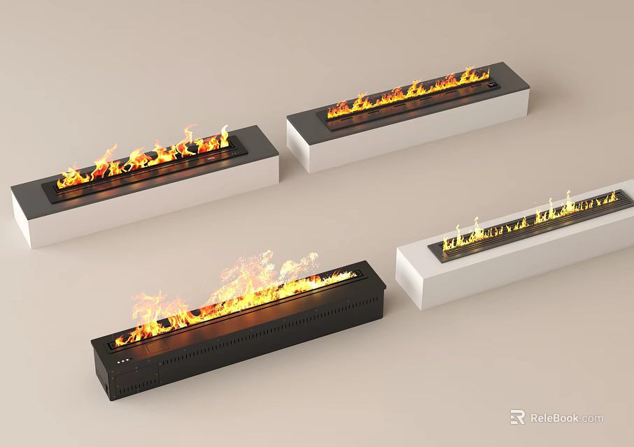 Modern Black And White Fireplaces With Vibrant Burning Flames In Contemporary Interior 3d model 