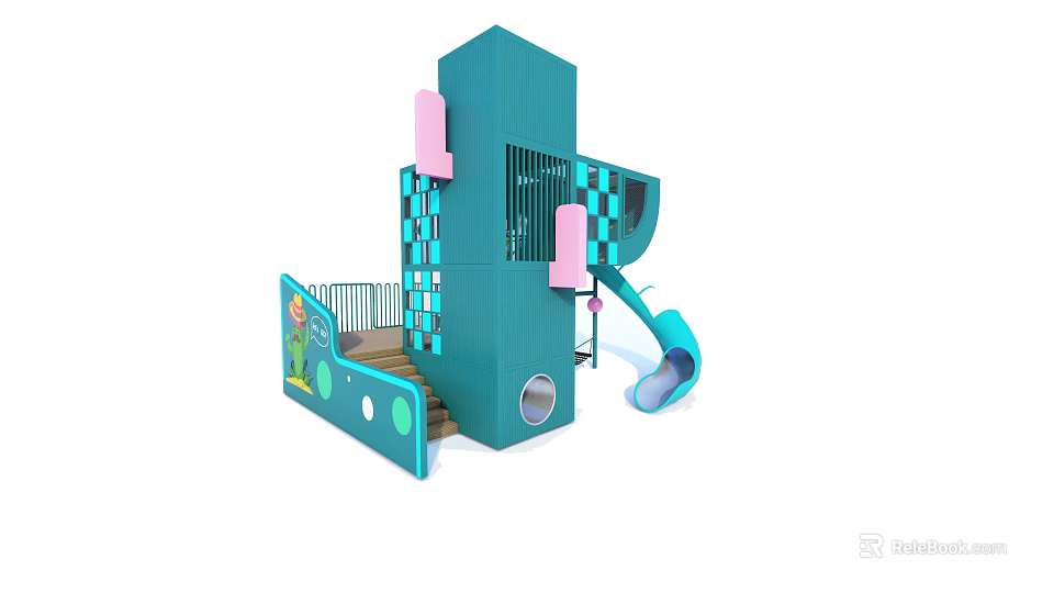 Children's Play Area Featuring Blue Structure Pink Elements Slide Steps and Checkerboard Design 3d model 