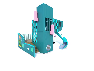 Children's Play Area Featuring Blue Structure Pink Elements Slide Steps and Checkerboard Design 3d model