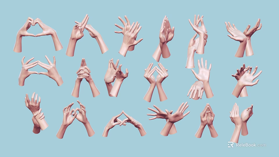 Woman's Hands Displaying Diverse Gestures Against Light Blue Background 3d model 