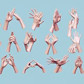 Woman's Hands Displaying Diverse Gestures Against Light Blue Background