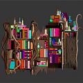 Enchanting Fantasy Bookshelf With Colorful Books Bottles And Unique Wooden Decorative Structure