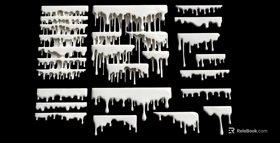 White Dripping Decorative Ornaments With Various Shapes On Black Background 3d model 