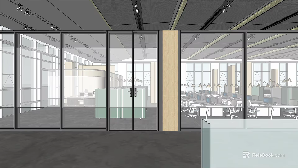 Modern Public Office Space Interior Design With Open Layout Glass Partitions And Workstations 3d model