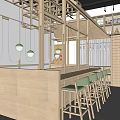 Modern Restaurant Interior With Wooden Bar Counter Green High Stools And Open Layout