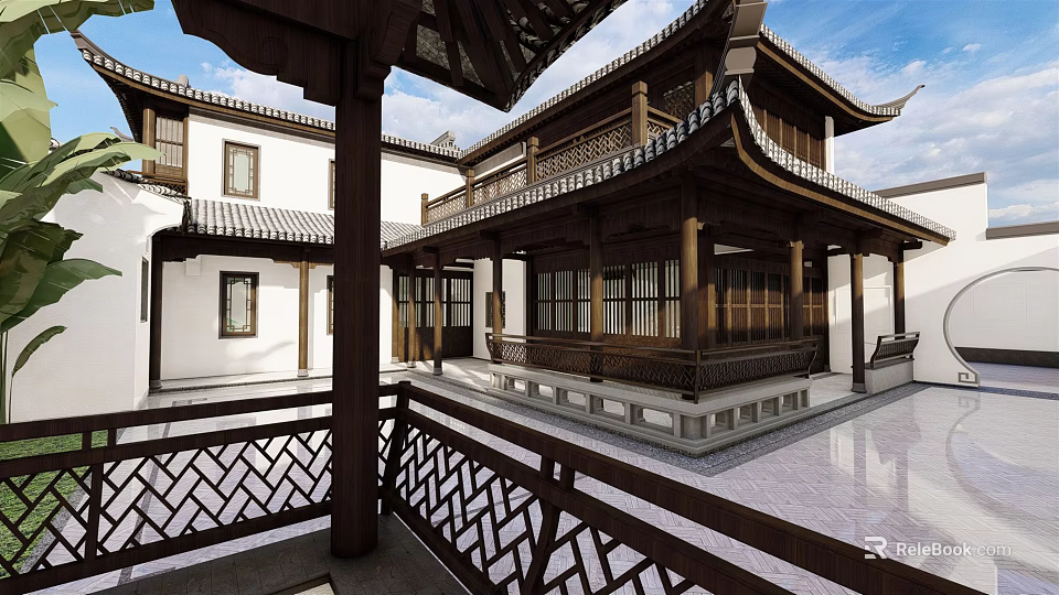 Chinese Traditional Detached Villa With Courtyard Wooden Structure And Overhanging Eaves 3d model 