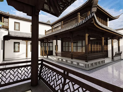 Chinese Traditional Detached Villa With Courtyard Wooden Structure And Overhanging Eaves 3d model