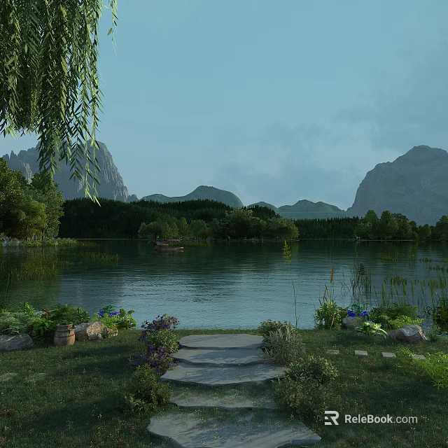 Serene Lakeside Natural Landscape With Calm Lake Distant Mountains Dense Forests And Lush Green Plants 3d model 