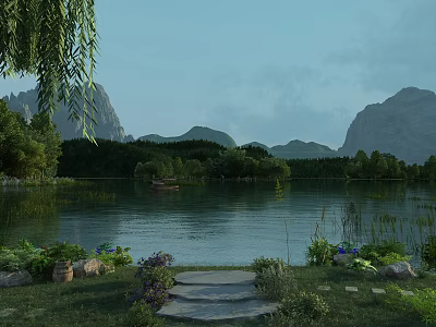 Serene Lakeside Natural Landscape With Calm Lake Distant Mountains Dense Forests And Lush Green Plants 3d model