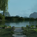 Serene Lakeside Natural Landscape With Calm Lake Distant Mountains Dense Forests And Lush Green Plants