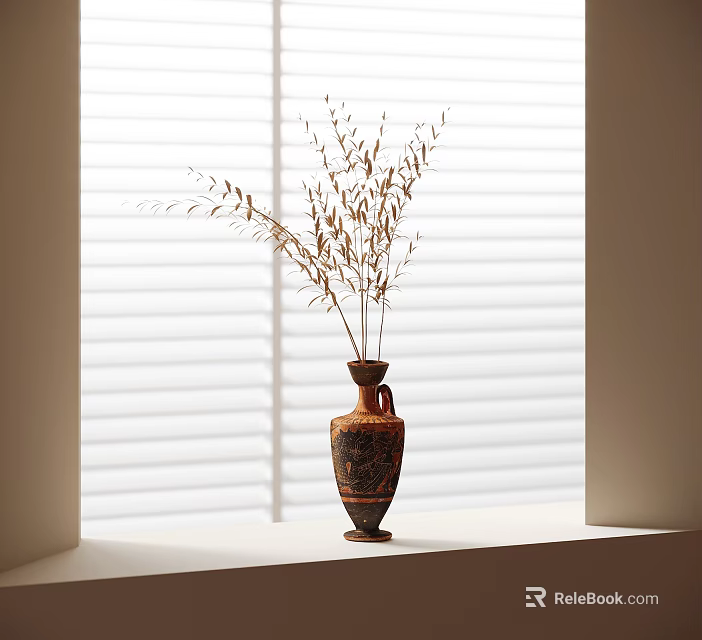 Decorative Vase With Dried Plants On Window Sill Against Blinds Background Design 3d model 