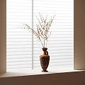 Decorative Vase With Dried Plants On Window Sill Against Blinds Background Design