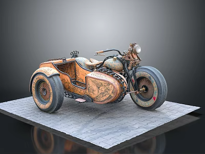 Vintage Sidecar Motorcycle With Engraved Body Details On Stone Slab Platform 3d model