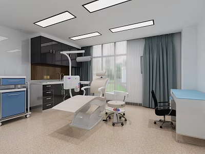 Modern Dental Clinic Interior With Dental Chair Cabinets Counter Window Curtains And Ceiling Lighting 3d model