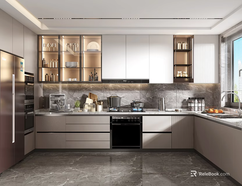 Modern Kitchen Interior Design With Upper And Lower Cabinets Countertop Appliances And Window Lighting 3d model 