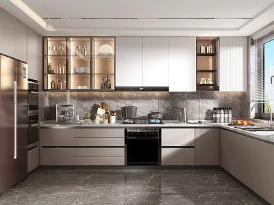 Modern Kitchen Interior Design With Upper And Lower Cabinets Countertop Appliances And Window Lighting 3d model