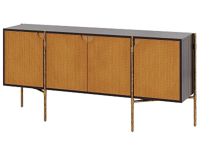 Modern TV Stand With Rattan Doors Dark Frame And Gold Metal Legs 3d model