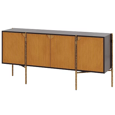 Modern TV Stand With Rattan Doors Dark Frame And Gold Metal Legs 3d model