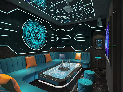 Modern KTV Interior Design With Blue Neon Lights Circular Patterns And Comfortable Seating Areas 3d model