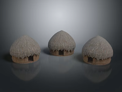 Three Dome Shaped Wooden Huts With Rustic Thatched Roofs Design 3d model