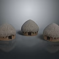 Three Dome Shaped Wooden Huts With Rustic Thatched Roofs Design 3d model
