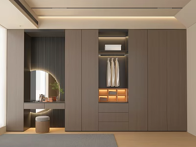 Modern Walk in Closet Interior Design With Wooden Cabinets Mirror Plant Stool And Hanging Clothes 3d model