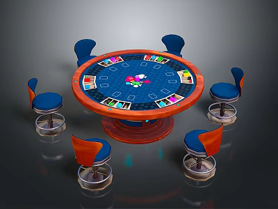 Professional Round Gaming Table with Colorful Poker Layout and Blue Orange Chairs 3d model