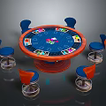 Professional Round Gaming Table with Colorful Poker Layout and Blue Orange Chairs
