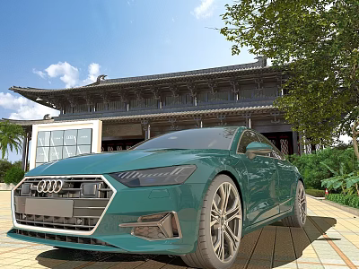 Green Audi Car Parked Front Chinese Style Building With Green Plants Blue Sky 3d model