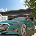 Green Audi Car Parked Front Chinese Style Building With Green Plants Blue Sky