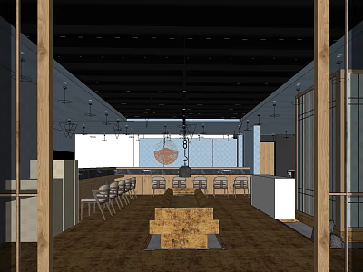Modern Restaurant Interior With Wooden Decor Hanging Lights And Open Dining Layout Brown Flooring 3d model