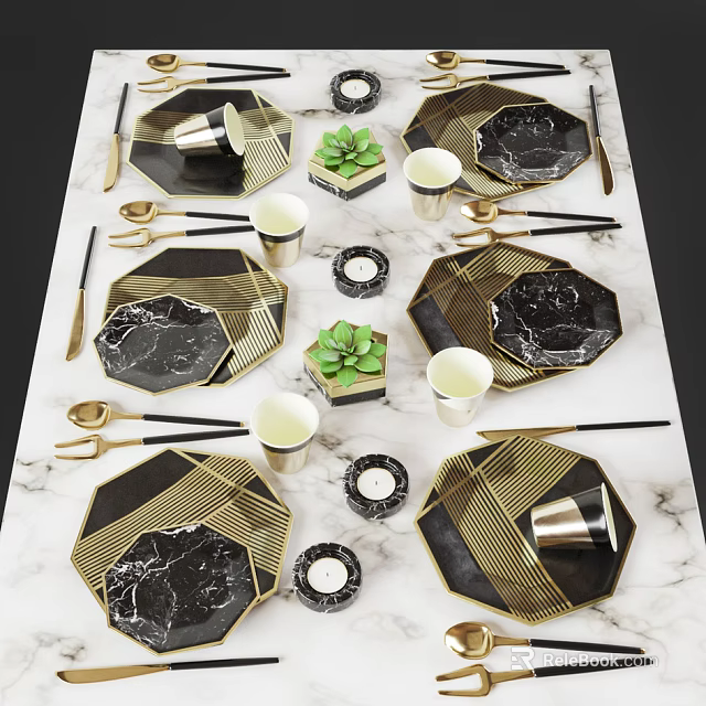 Black And Gold Geometric Tableware Set With Plates Cups Cutlery On Marble Tabletop 3d model 