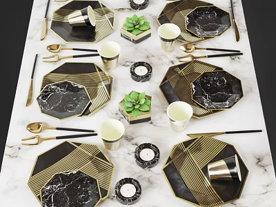 Black And Gold Geometric Tableware Set With Plates Cups Cutlery On Marble Tabletop 3d model