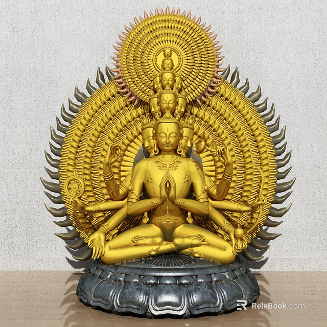 Golden Thousand-Armed Guanyin Sculpture With Multiple Arms And Heads Intricate Decorations Halo And White Background 3d model 