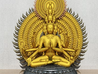 Golden Thousand-Armed Guanyin Sculpture With Multiple Arms And Heads Intricate Decorations Halo And White Background 3d model