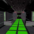 Cartoon Scene Of Sci Fi Corridor With Green Lights Metal Walls Glowing Floor And Railings