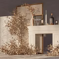 Floral Art Display With Beige Floral Arrangements White Fireplace Perforated Screen And Decorative Bottles