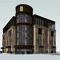 Modern Commercial Complex With Glass Facade Large Windows And Rounded Top